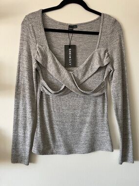 Shein|Marled Gray Cross Detail Long Sleeve Y2K Top|Large|NWT